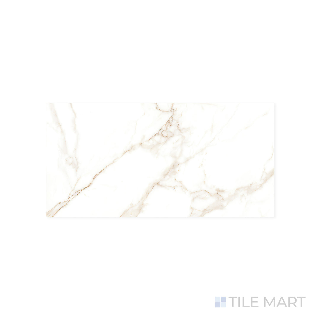A polished white surface with bold veining is magnified in this close-up of Select White Calacatta 12x24 polished porcelain tile, emphasizing its luxurious marble-like appeal.