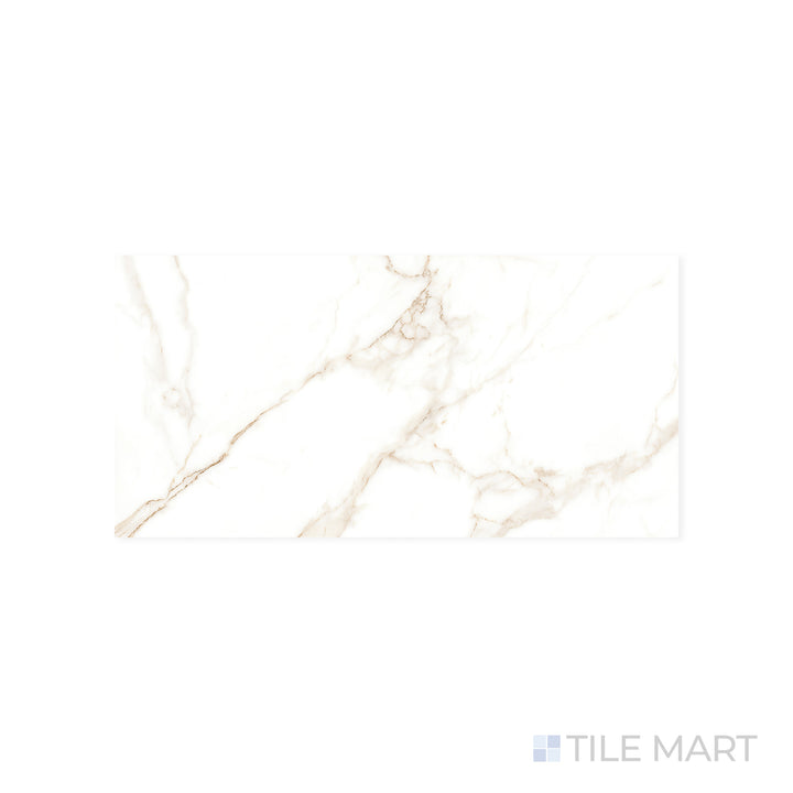 A polished white surface with bold veining is magnified in this close-up of Select White Calacatta 12x24 polished porcelain tile, emphasizing its luxurious marble-like appeal.