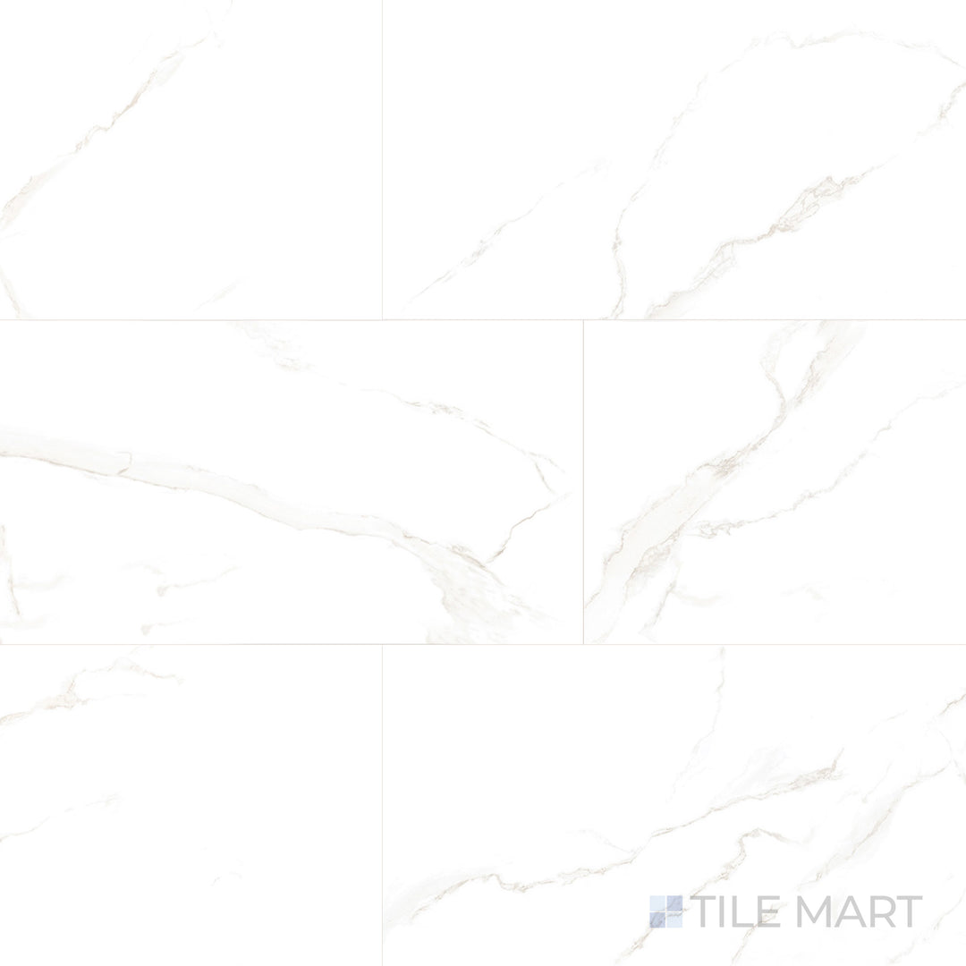 Flat-lay of Select White Carrara White 12X24 Polished Porcelain, featuring a timeless Carrara marble design with subtle gray veining and a high-polish surface.