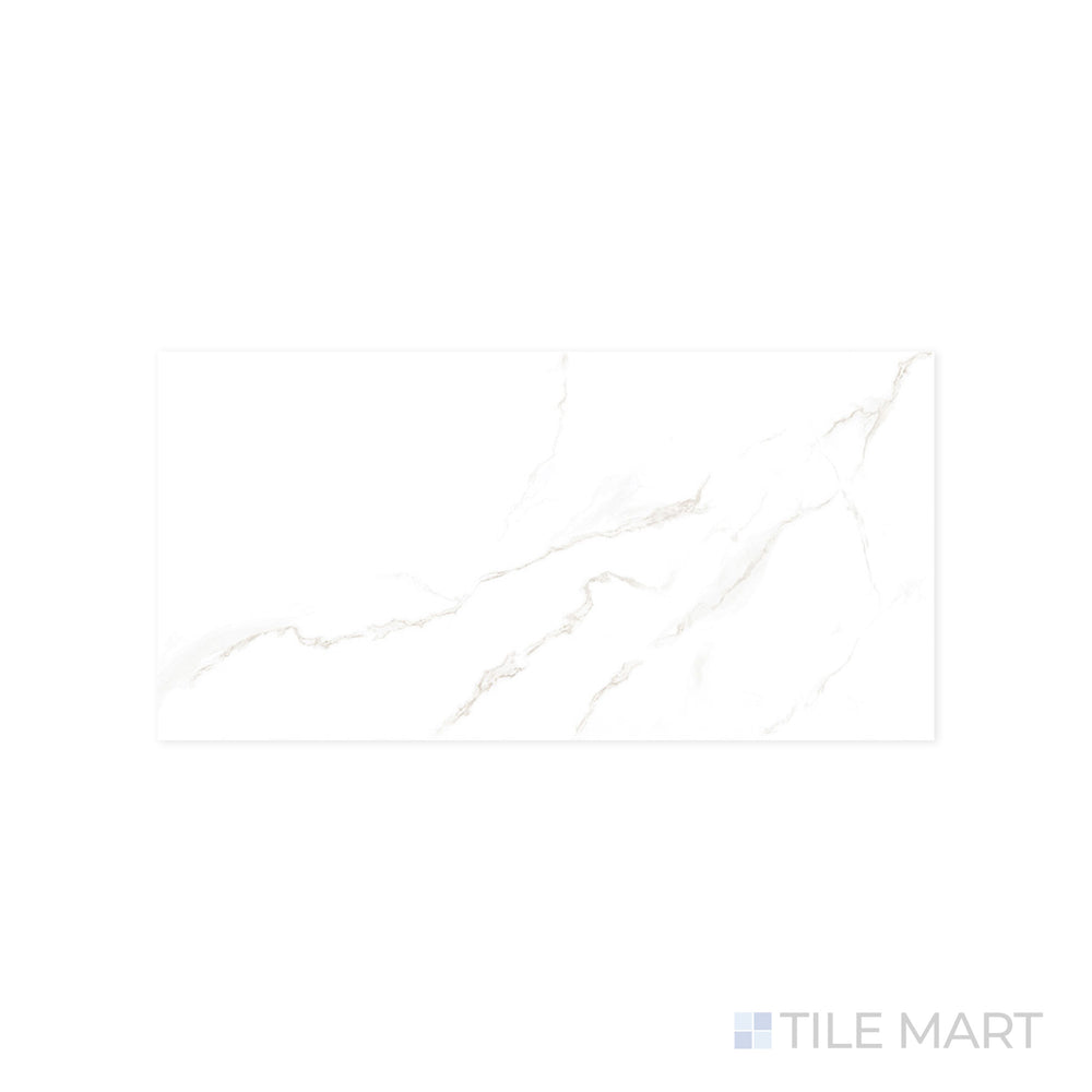 A smooth, high-gloss texture is highlighted in this macro shot of Select White Carrara 12x24 polished porcelain tile, capturing the refined beauty of Carrara marble.