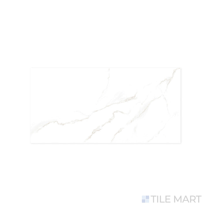 A smooth, high-gloss texture is highlighted in this macro shot of Select White Carrara 12x24 polished porcelain tile, capturing the refined beauty of Carrara marble.