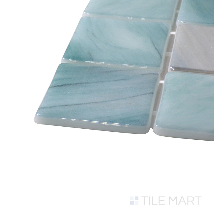 Close-up corner shot of Onix Glass Delbin 2" Square Glossy Mosaic, featuring its sleek glass finish with a clean, modern square pattern.