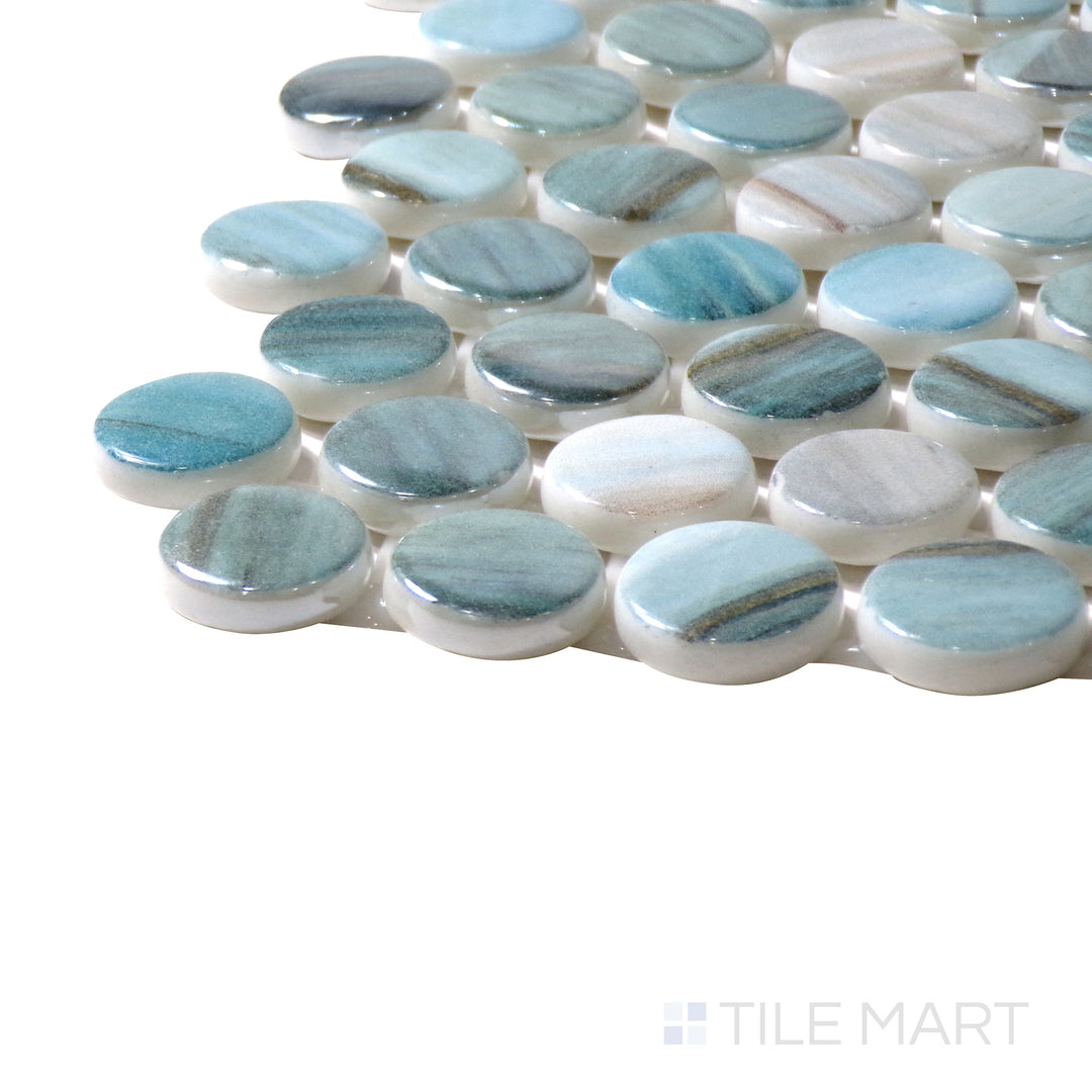 Corner angle of Onix Glass Zaira 3/4" Round Glossy Mosaic, emphasizing its unique round glass pieces with a luminous polished surface.