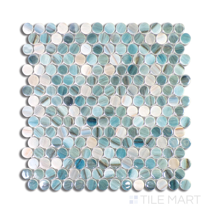 Flat-lay of Onix Glass Zaira 3/4" Round Glossy Mosaic, a smooth and lustrous glass tile in a circular shape, creating a dynamic and playful aesthetic.