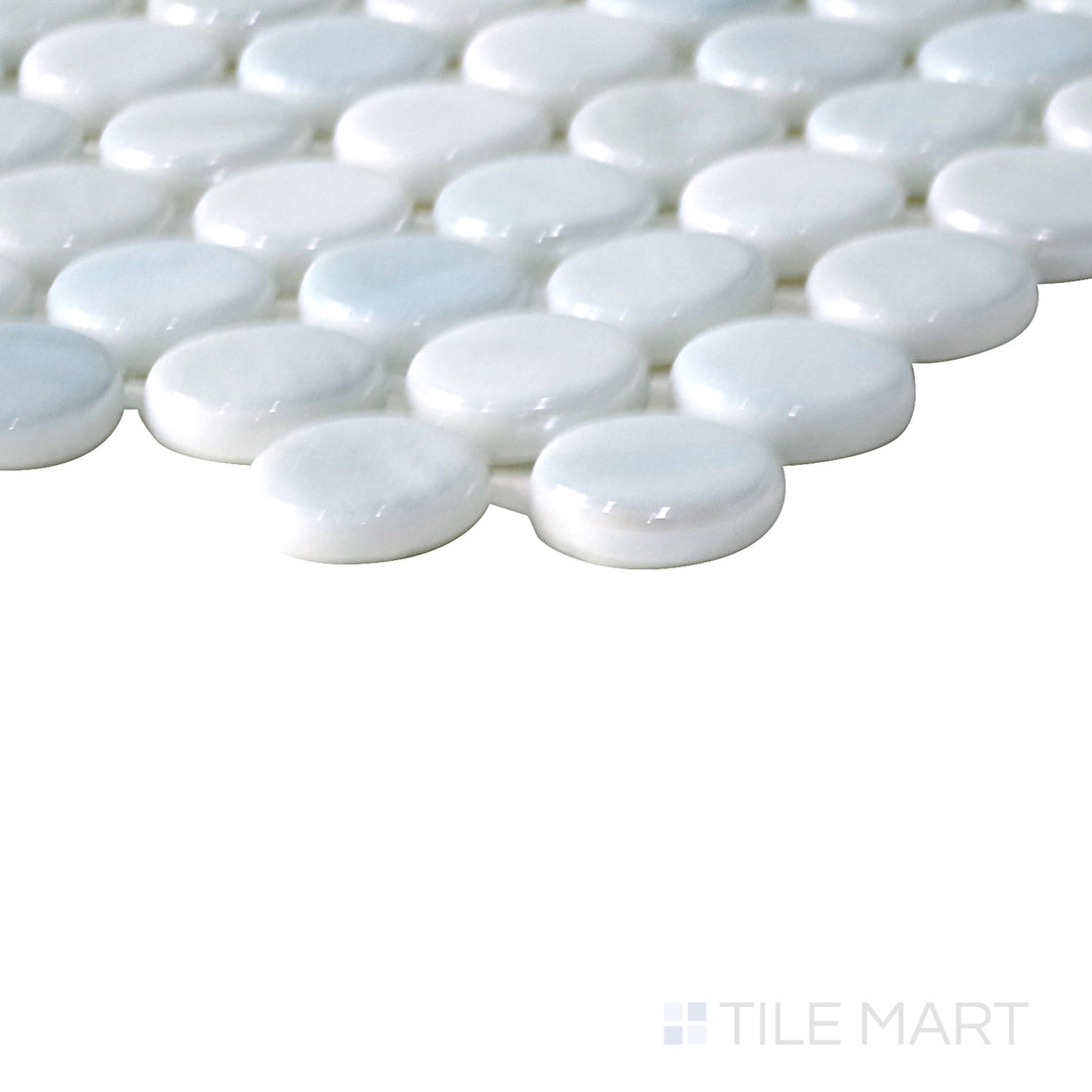 Diagonal view of Onix Glass Zoe 3/4" round square glossy mosaic, showcasing its intricate circular pattern, glossy sheen, and contemporary design.  