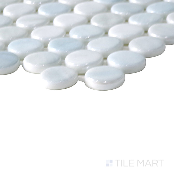 Diagonal view of Onix Glass Zoe 3/4" round square glossy mosaic, showcasing its intricate circular pattern, glossy sheen, and contemporary design.  