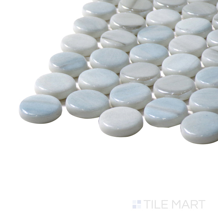 Side perspective of Onix Glass Zoe 3/4" Round Square Glossy Mosaic, capturing its elegant mix of round and square glass shapes with a high-shine finish.