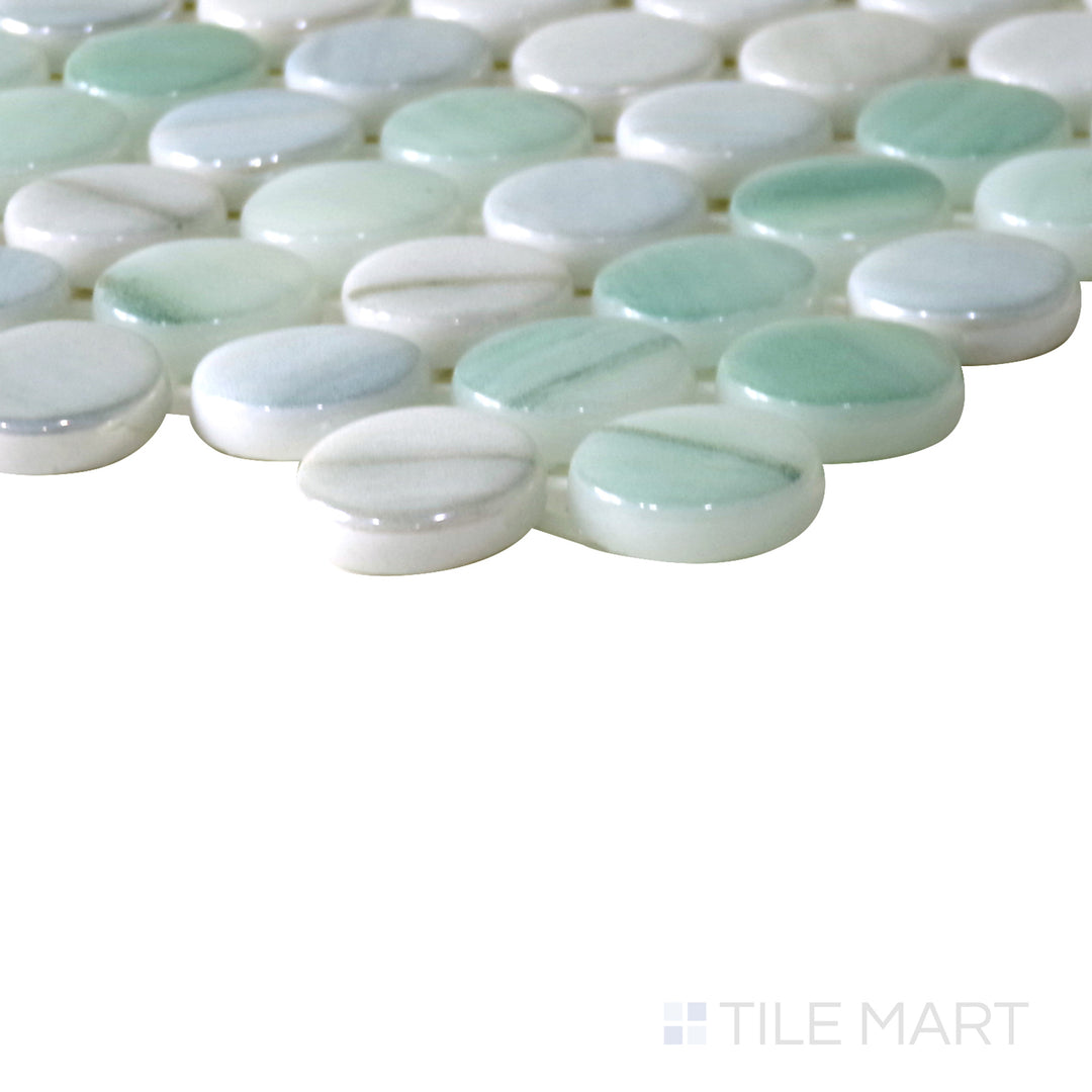 Slanted perspective of Onix Glass Delbin 3/4" round square glossy mosaic, emphasizing its small round tile pattern, smooth glossy texture, and structured layout.  