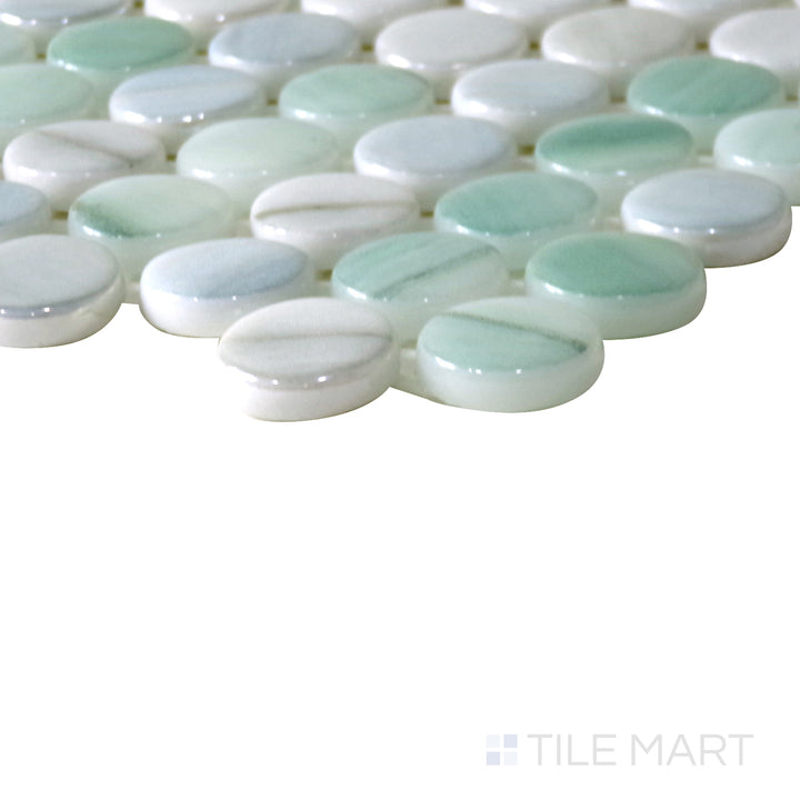 Slanted perspective of Onix Glass Delbin 3/4" round square glossy mosaic, emphasizing its small round tile pattern, smooth glossy texture, and structured layout.  