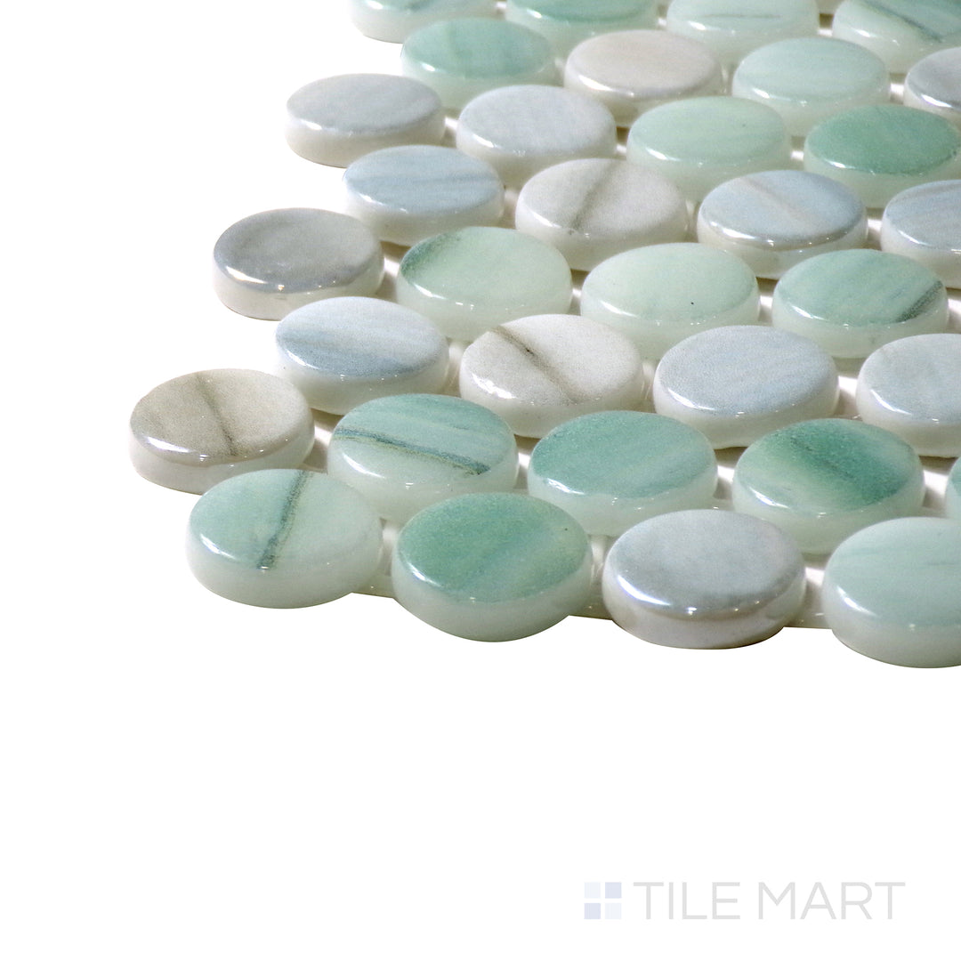 Angled close-up of Onix Glass Delbin 3/4" Round Square Glossy Mosaic, showcasing its glossy glass finish with a combination of soft curves and sharp lines.