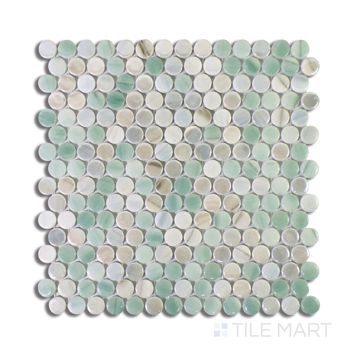 Bird’s-eye view of Onix Glass Delbin 3/4" Round Square Glossy Mosaic, a creative blend of rounded and squared glossy glass pieces for a unique design.