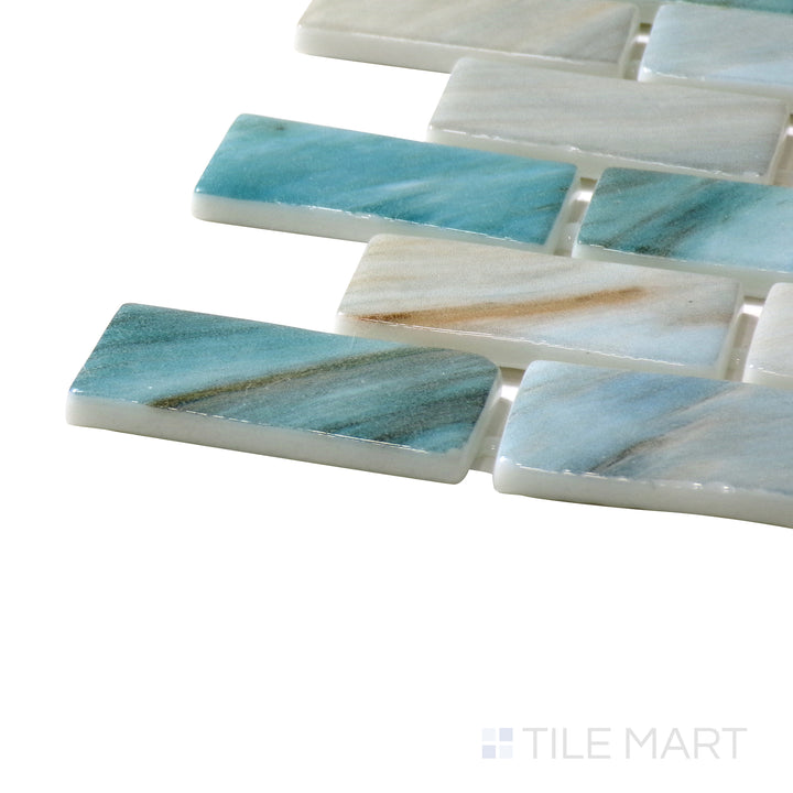 Corner-focused shot of Onix Glass Zaira Brick Glossy Mosaic, highlighting its structured brick-style glass layout with a sleek, reflective surface.