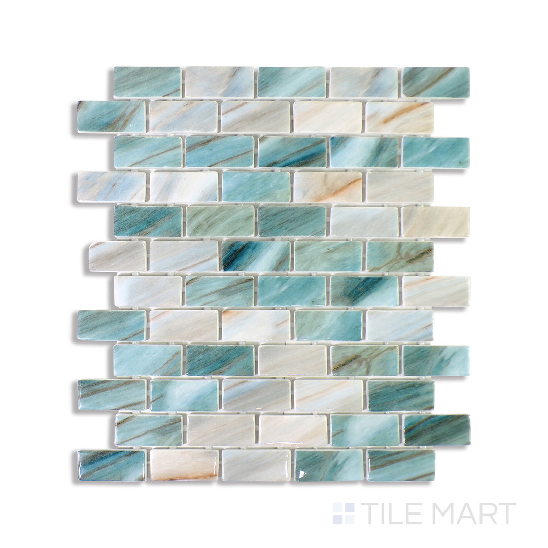Top-down shot of Onix Glass Zaira Brick Glossy Mosaic, a sleek brick-style glass mosaic with a polished surface that enhances contemporary aesthetics.