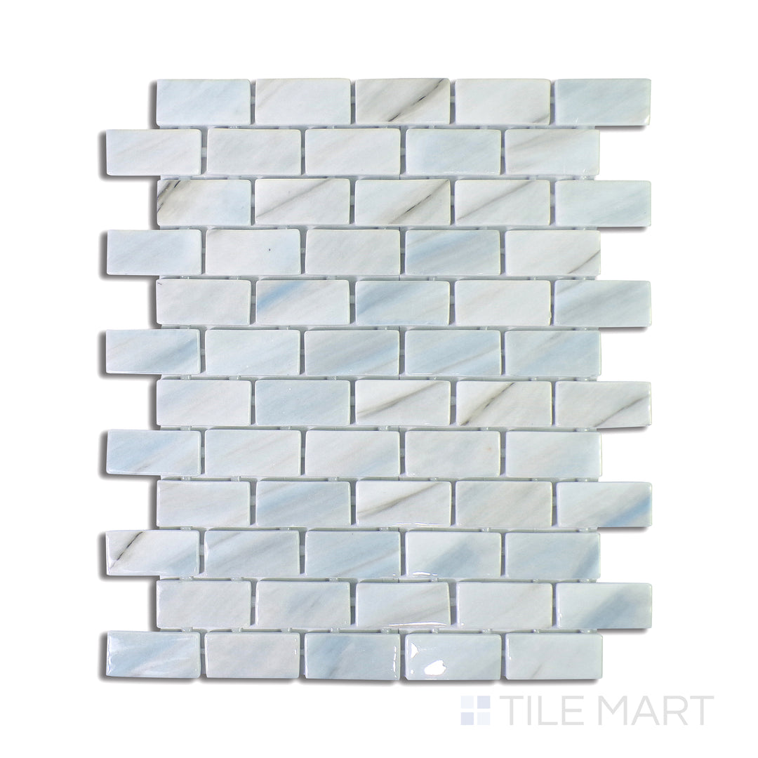 Flat-lay of Onix Glass Zhoe Brick Glossy Mosaic, a radiant glass tile with a brick-like layout, perfect for modern backsplashes and feature walls.