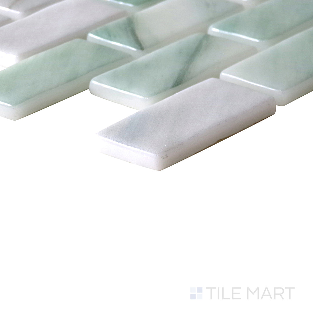 Slanted perspective of Onix Glass Delbin brick glossy mosaic, emphasizing its structured brick pattern, high-gloss surface, and geometric arrangement.  