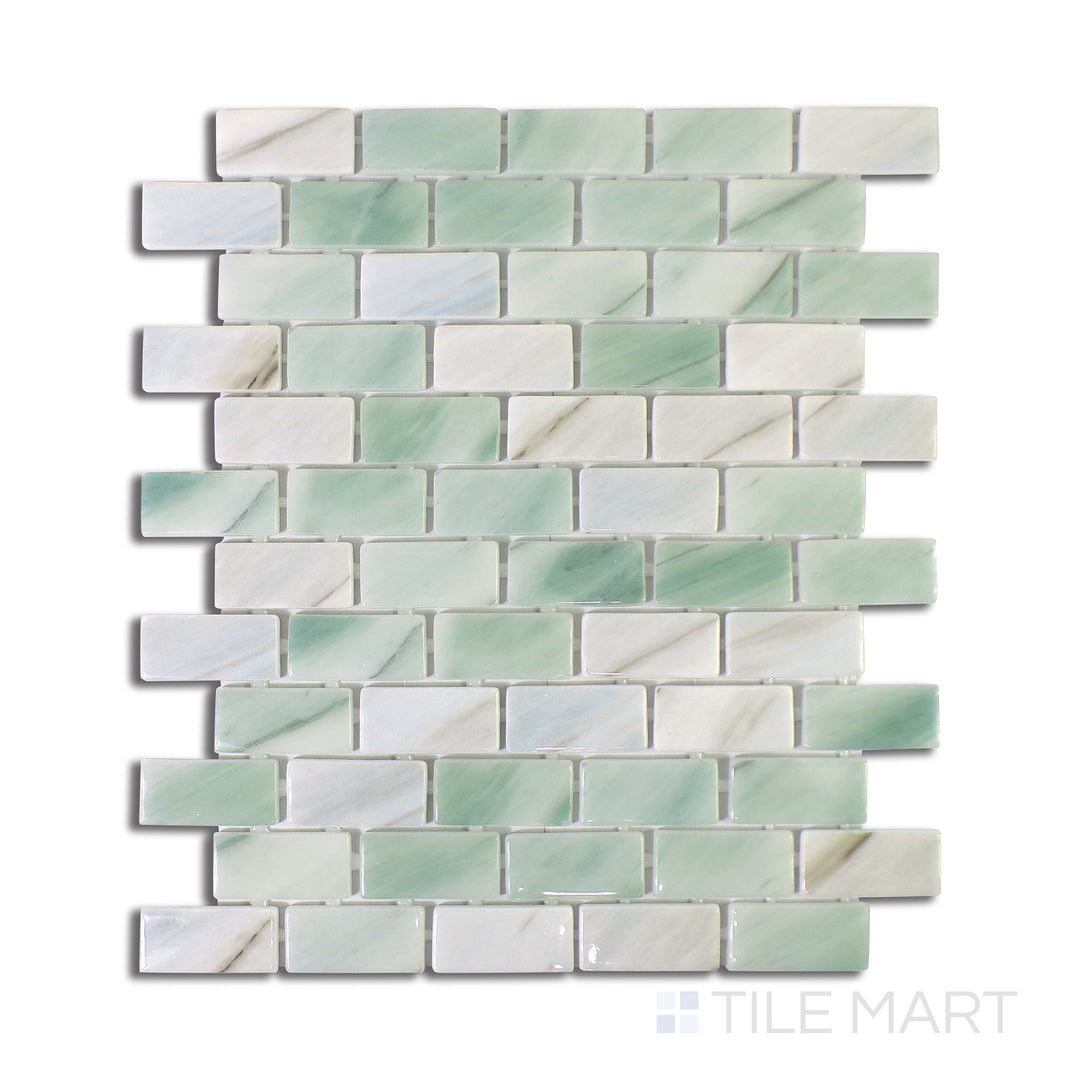 Overhead perspective of Onix Glass Delbin Brick Glossy Mosaic, a high-shine glass mosaic in a staggered brick pattern, adding texture and elegance.