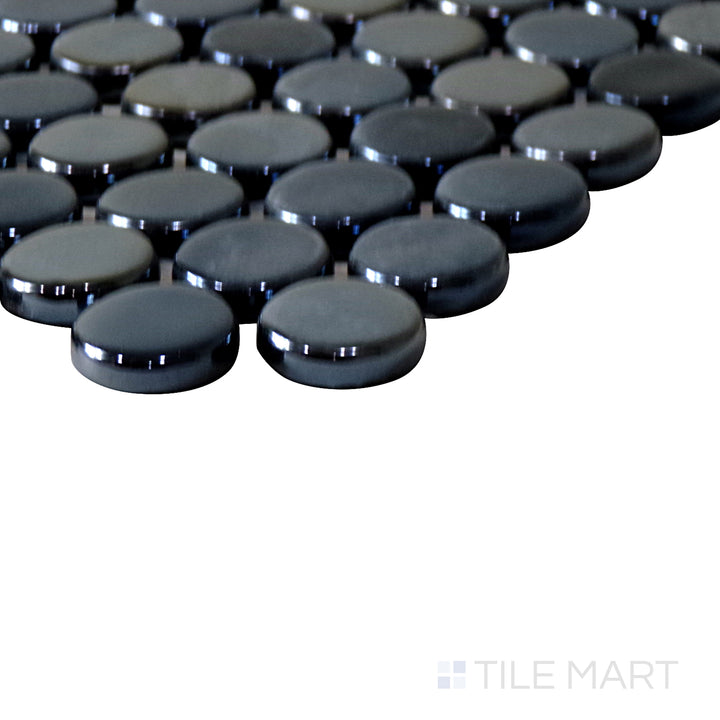 Angled shot of Onix Glass Black 3/4" square glossy mosaic, featuring a deep black hue, sleek polished finish, and structured small square format.  