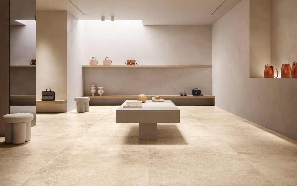 A warm and inviting atmosphere highlighted by Astrum Ivory 48X48 Matte Porcelain, blending soft neutral tones with modern elegance.