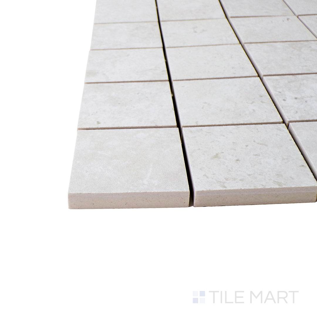 Corner angle of Astrum White 2" Square Matte Porcelain Mosaic, emphasizing its clean, structured white mosaic pattern with a contemporary matte finish.
