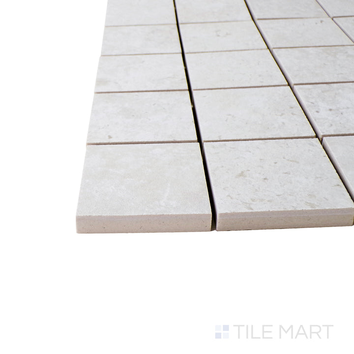 Corner angle of Astrum White 2" Square Matte Porcelain Mosaic, emphasizing its clean, structured white mosaic pattern with a contemporary matte finish.