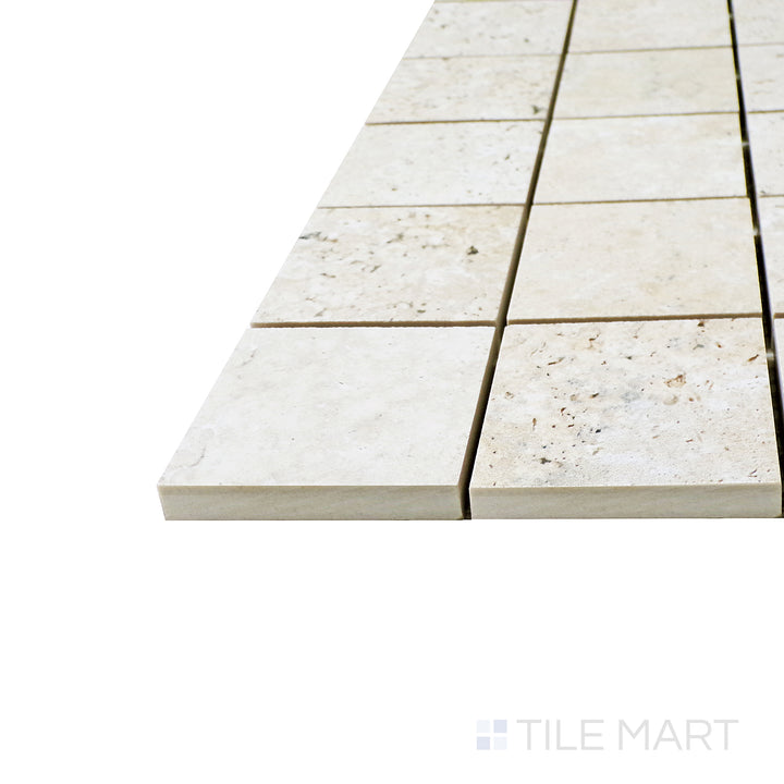Side perspective of Astrum Ivory 2" Square Matte Porcelain Mosaic, capturing its elegant ivory tones in a perfectly arranged square layout.