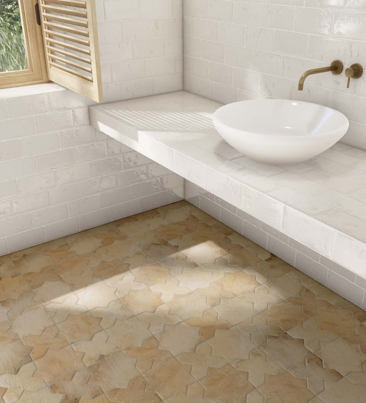 Warm and inviting ambiance with Amalfi Cross Terracota 7X7 Matte Porcelain, evoking a rustic charm.
