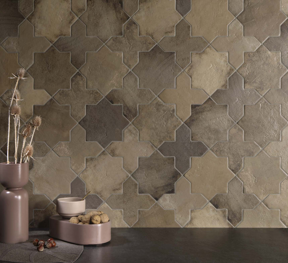Earthy and rich-toned Amalfi Cross Mud 7X7 Matte Porcelain in a beautifully designed space.