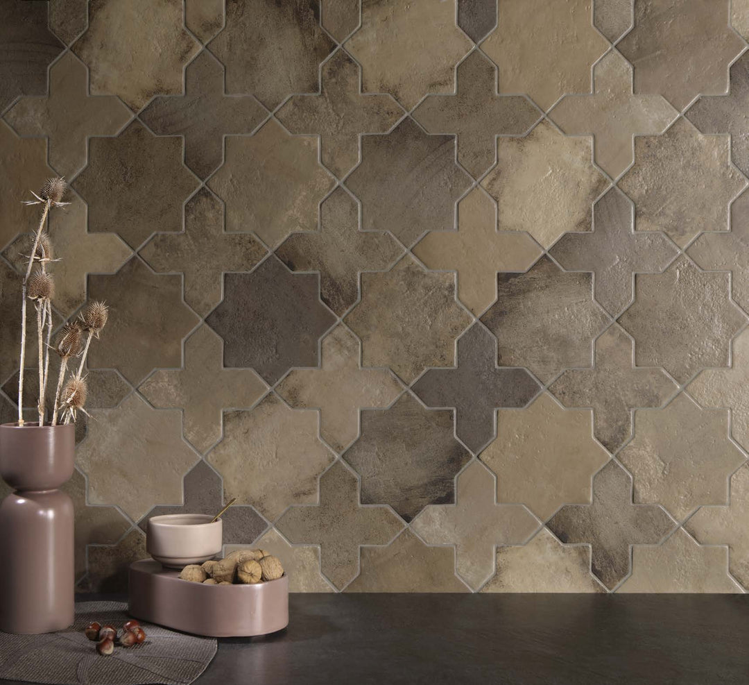 Earthy and rich-toned Amalfi Cross Mud 7X7 Matte Porcelain in a beautifully designed space.