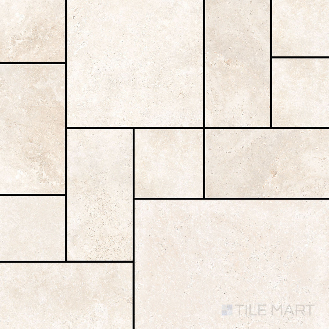 Overview of Jerusalem Versailles Pattern Avorio matte porcelain tile – features a full layout of the warm ivory stone-look design in a classic Versailles pattern.