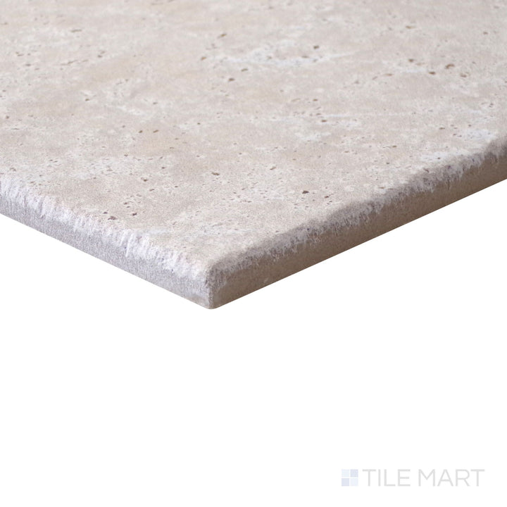 Corner view of Jerusalem Beige matte porcelain tile in Versailles pattern with warm natural tones.