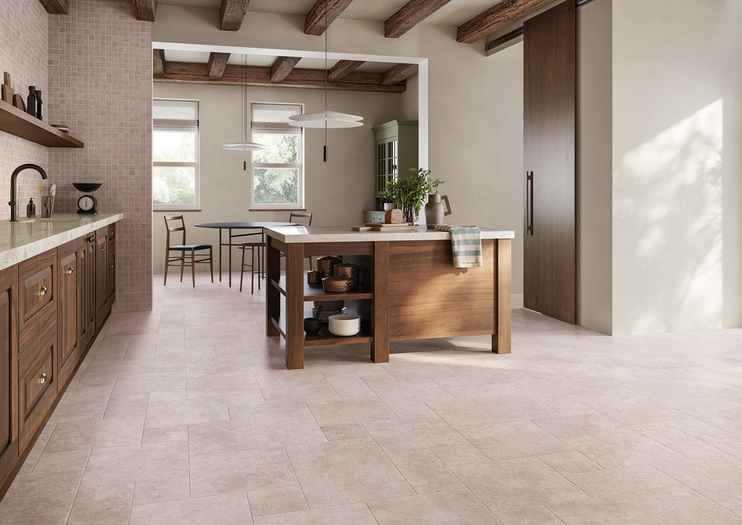 A warm and sophisticated ambiance with Jerusalem Versailles Pattern Beige Matte Porcelain, evoking the elegance of European stonework.