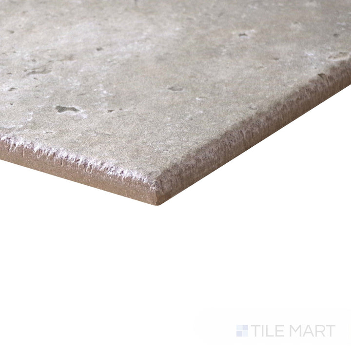 Corner angle of Jerusalem Grigio matte porcelain tile, cool grey tones in Versailles layout.