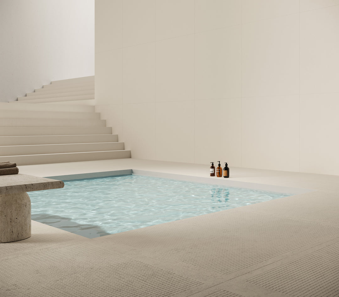 Minimalist yet striking setting featuring Crush White 24X48 Matte Porcelain, adding a modern touch.