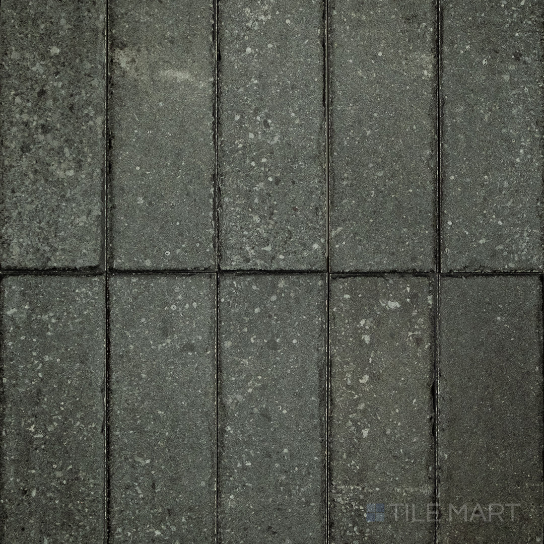 Overhead view of Block Dark 2X8 Matte Porcelain, a rich dark-colored matte porcelain tile, ideal for bold contrasts and modern aesthetics.