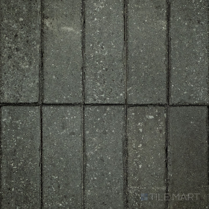 Overhead view of Block Dark 2X8 Matte Porcelain, a rich dark-colored matte porcelain tile, ideal for bold contrasts and modern aesthetics.