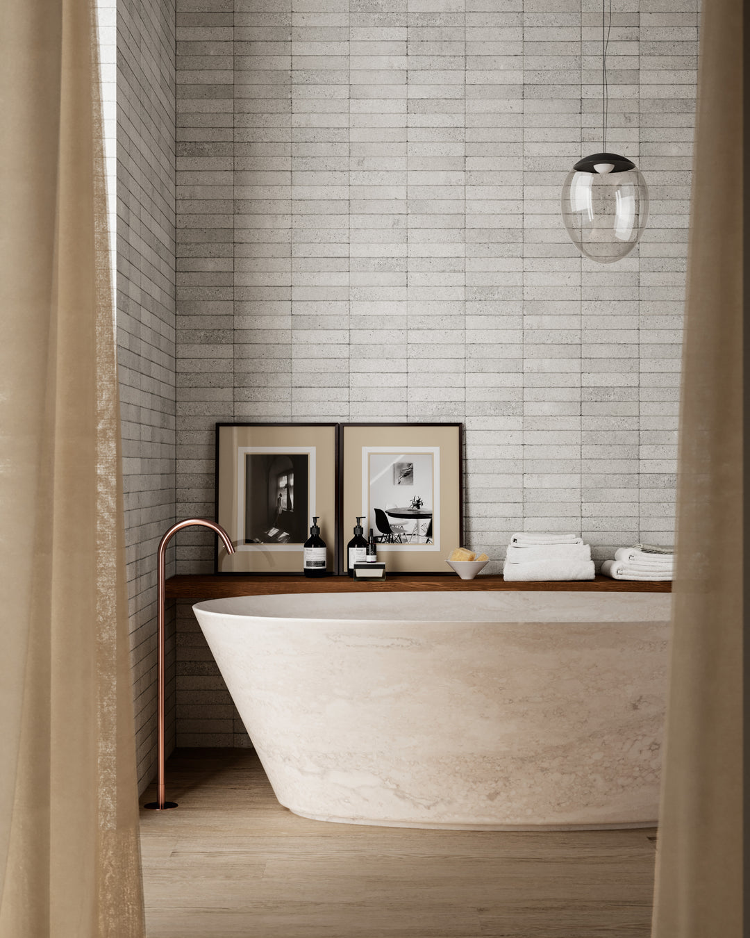 Elegant and neutral-toned space featuring Block Pearl 2X8 Matte Porcelain, creating a sophisticated and seamless look.