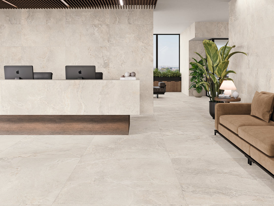 A soft and neutral design highlighted by Dome Bone 24X48 Matte Porcelain, offering a seamless blend of style and warmth.