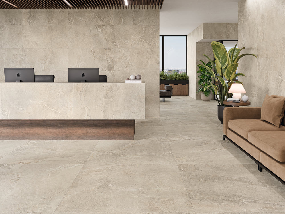 A natural and rustic atmosphere created with Dome Nut 24X48 Matte Porcelain, evoking the look of organic stone surfaces.