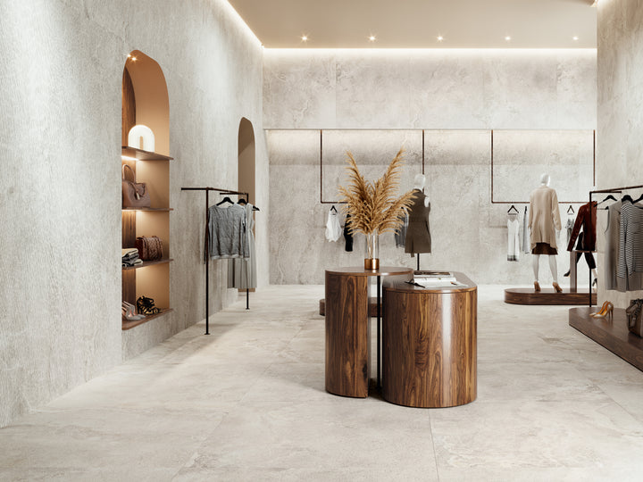 A grand and expansive space enhanced by Dome Bone 48X48 Matte Porcelain, adding a touch of elegance with its natural hues.