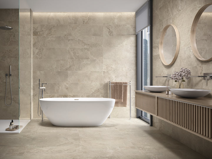 A deep and rustic aesthetic created with Dome Nut 12X36 Matte Porcelain, adding organic textures and natural beauty.