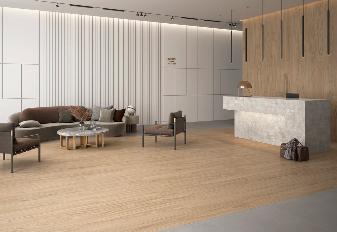 A warm and inviting atmosphere featuring Dover Sand 10X60 Matte Porcelain, adding a natural elegance.