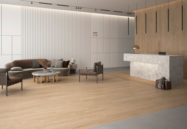 A warm and inviting atmosphere featuring Dover Sand 10X60 Matte Porcelain, adding a natural elegance.