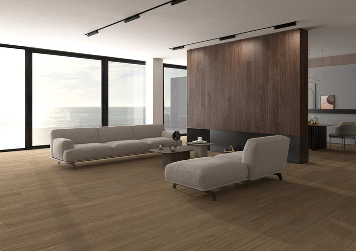 Dover Camel 10X60 Matte Porcelain brings an earthy and timeless appeal, creating a cozy yet modern space.