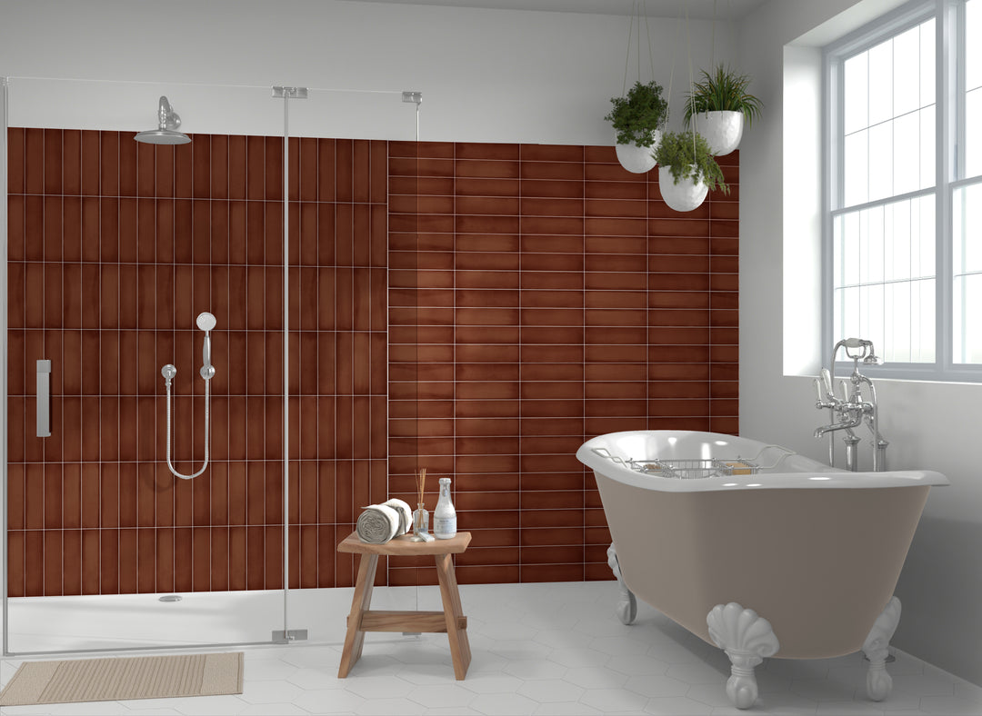 A rich and sophisticated interior featuring Ghent Copper 3X9 Matte Porcelain, bringing depth and warmth to the space.