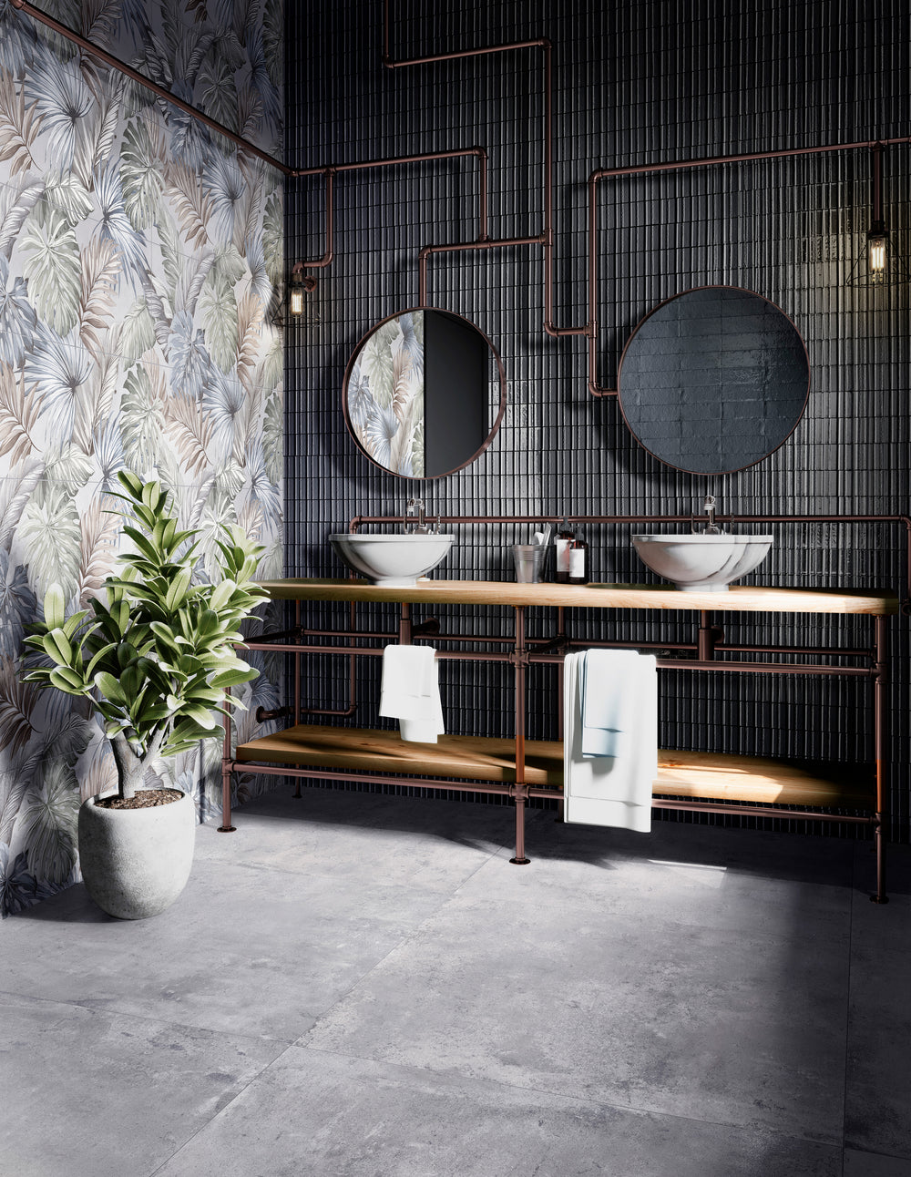 Room scene featuring Glace Blu Notte 3X8 Glossy Porcelain, showcasing deep navy tones with a sleek, reflective surface for a bold aesthetic.