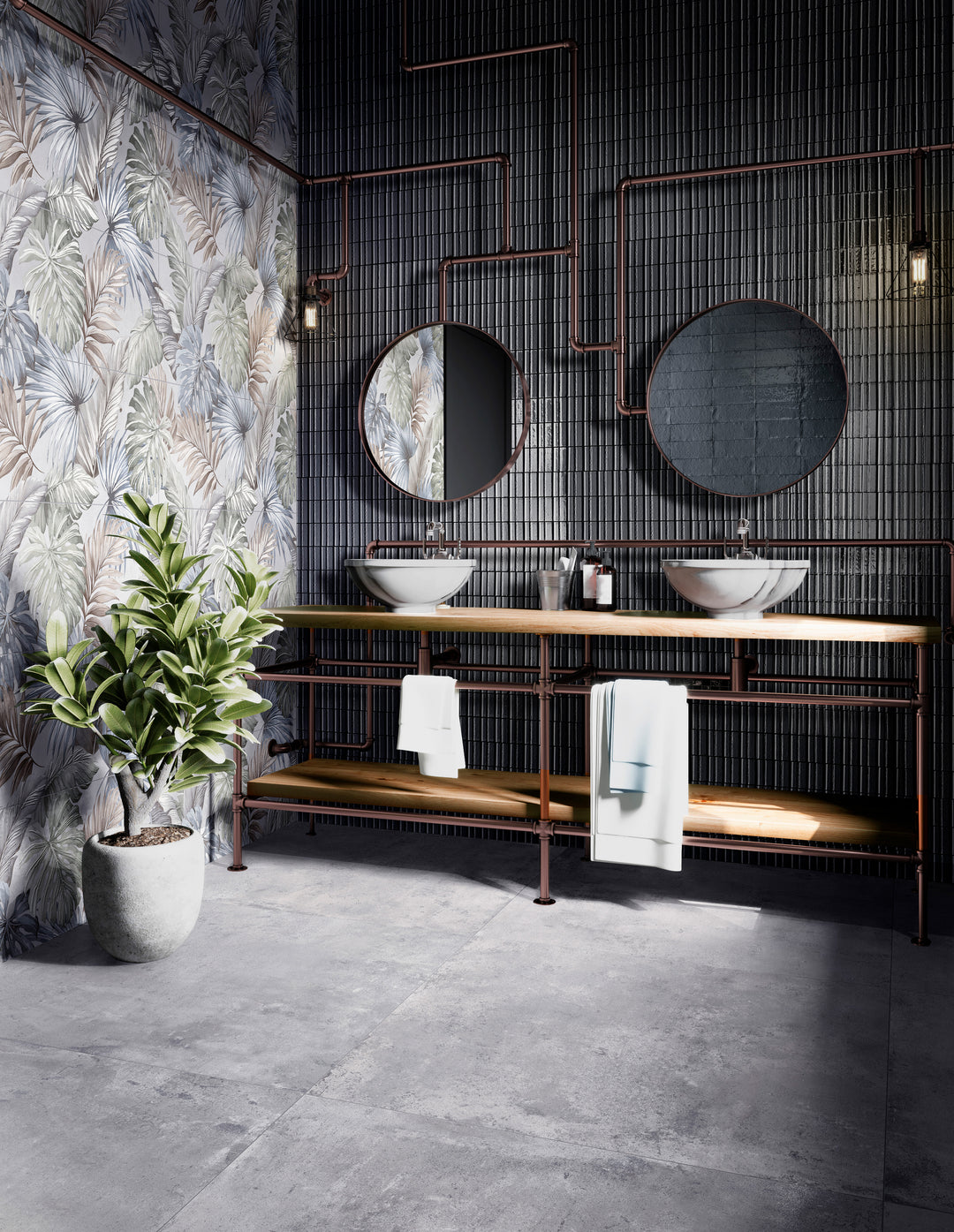 Room scene featuring Glace Blu Notte 3X8 Glossy Porcelain, showcasing deep navy tones with a sleek, reflective surface for a bold aesthetic.