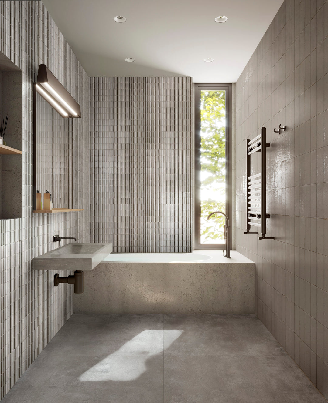 Lifestyle shot of Glace Mastice 3X8 Glossy Porcelain, highlighting soft taupe hues in a contemporary setting with a smooth, glossy finish.