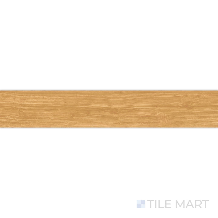 From a close-up perspective, the Grainier Honey 10x60 matte porcelain tile showcases its warm golden-brown hues with a smooth, natural wood-like texture.