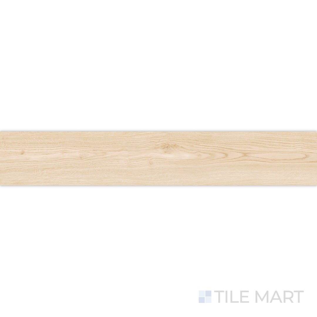 A refined wood grain effect is highlighted in this close-up of Grainier Maple 10x60 matte porcelain tile, emphasizing its soft matte surface and warm neutral tones.