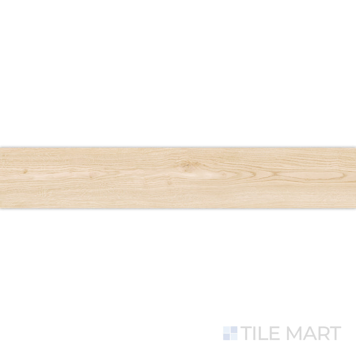 A refined wood grain effect is highlighted in this close-up of Grainier Maple 10x60 matte porcelain tile, emphasizing its soft matte surface and warm neutral tones.